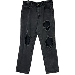 PrettyLittleThings Jeans Black Denim Holes Distressed High Rise Size‎ 8 Straight